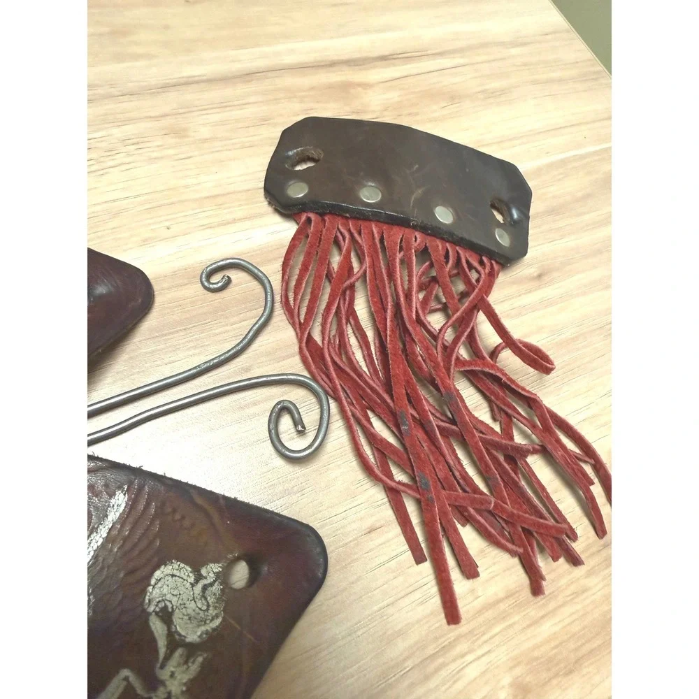 Vintage Leather Hair Slide Barrette Set Fringe Boho 4pc Brown